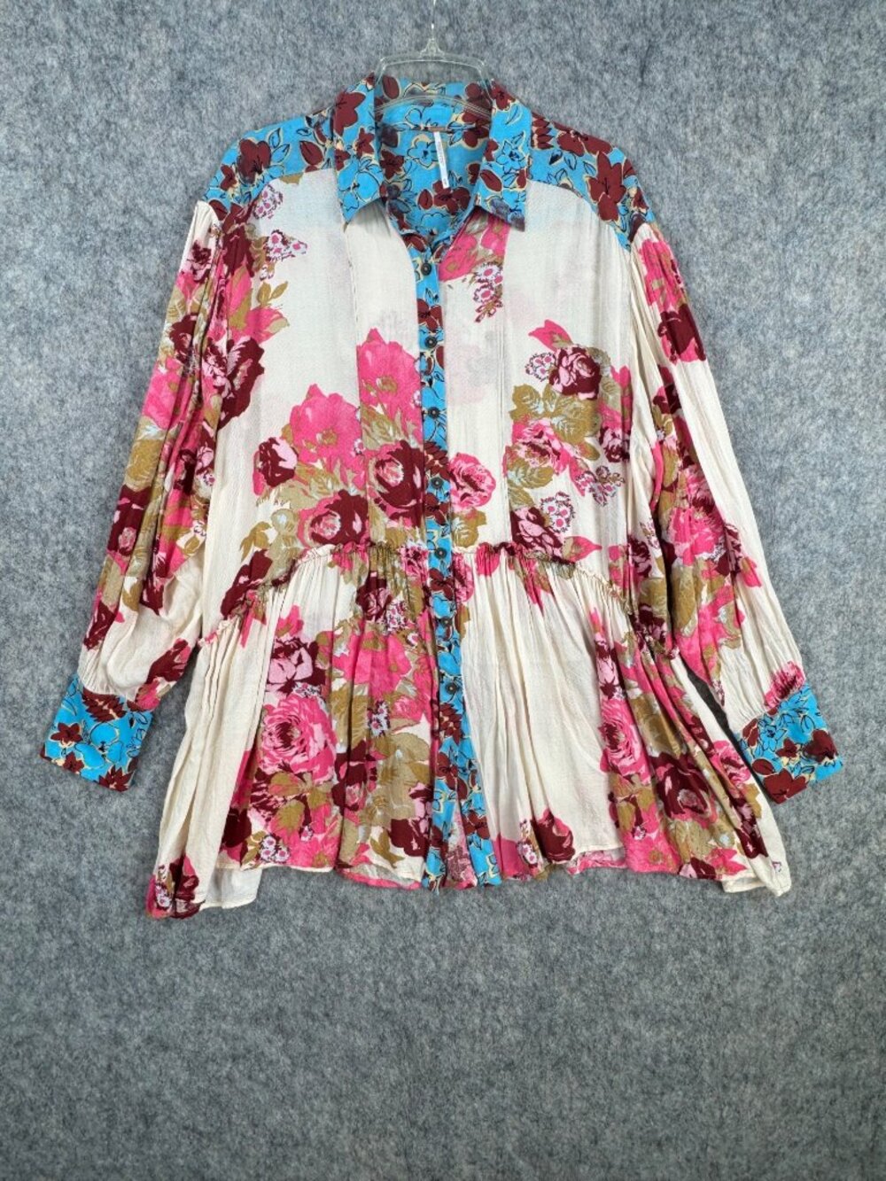 Free People Tunic Top Floral Sz M Brunch A Bunch Blouse Button Down